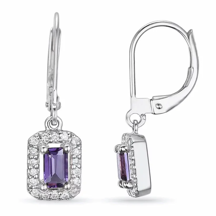 lange vierkant amethist oorbellen in 14 karaat witgoud met diamant en amethist