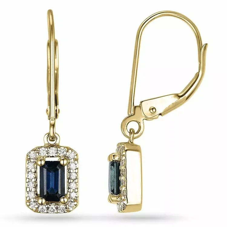 lange vierkant saffier oorbellen in 14 karaat goud met diamant en saffier