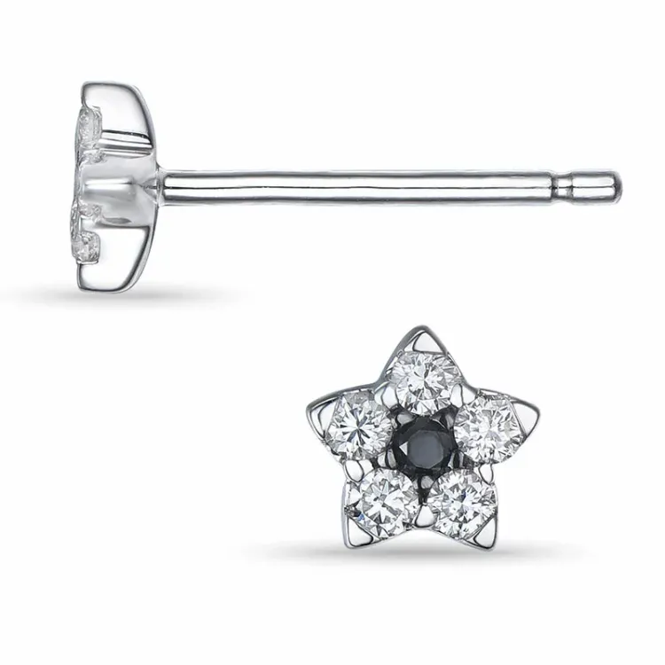 ster witgoud oorbellen in 14 karaat witgoud met diamant en zwart diamant
