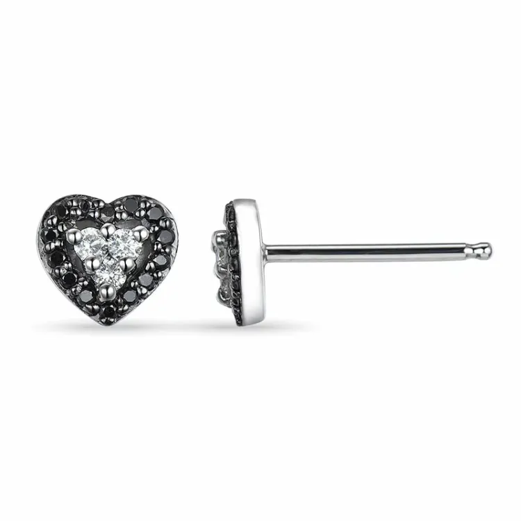 hart zwart diamant oorsteker in 14 karaat witgoud met diamant en diamant