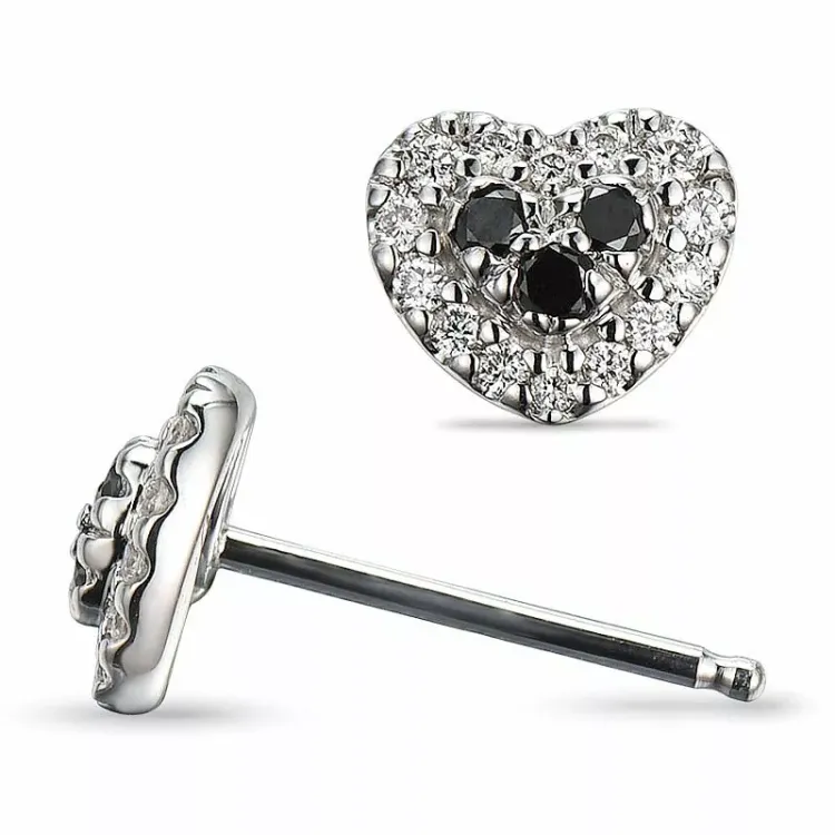 hart diamant oorsteker in 14 karaat witgoud met diamant en zwart diamant