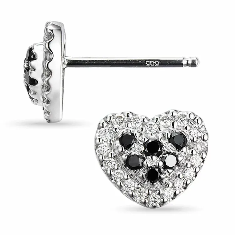 hart diamant oorsteker in 14 karaat witgoud met diamant en zwart diamant