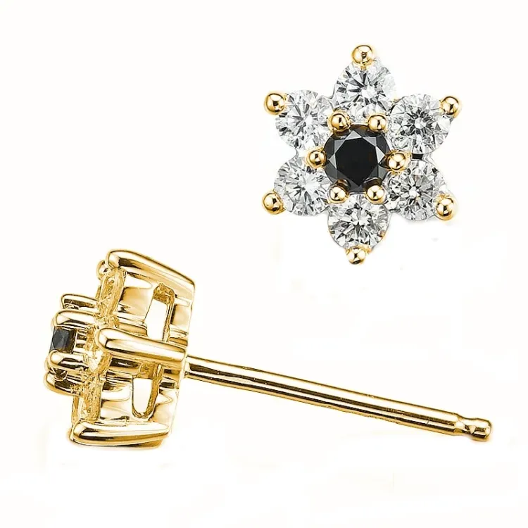 bloem zwart diamant oorsteker in 14 karaat goud met diamant en zwart diamant