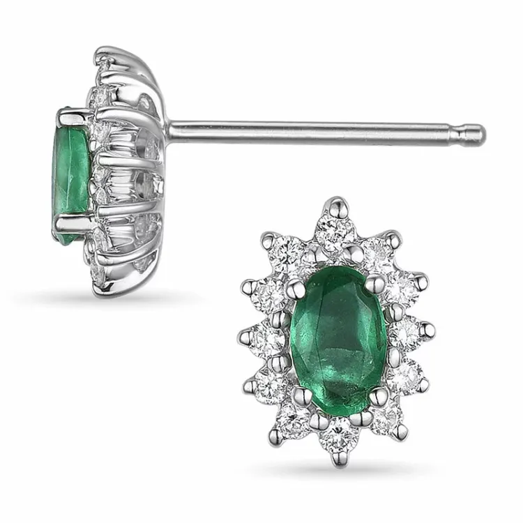 rozet smaragd oorbellen in 14 karaat witgoud met diamant en smaragd