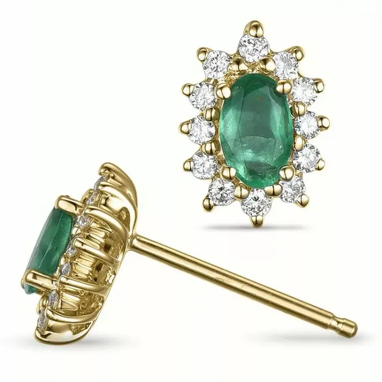 smaragd rozetoorbel in 14 karaat goud met diamant en smaragd