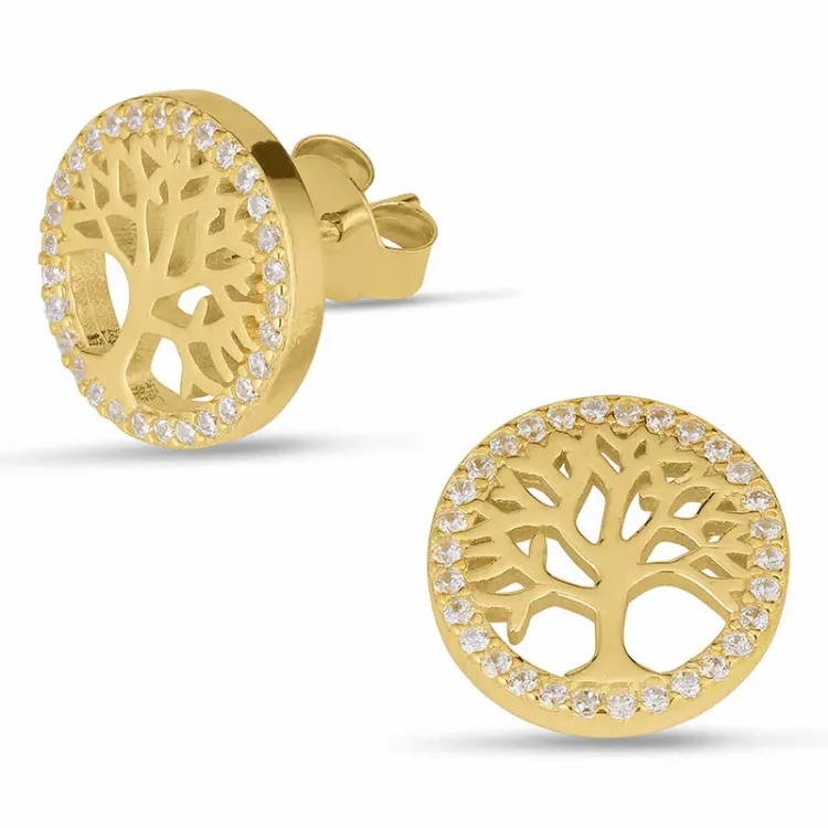 Joanli nor boom van het leven oorbellen in verguld sterlingzilver witte zirkoon