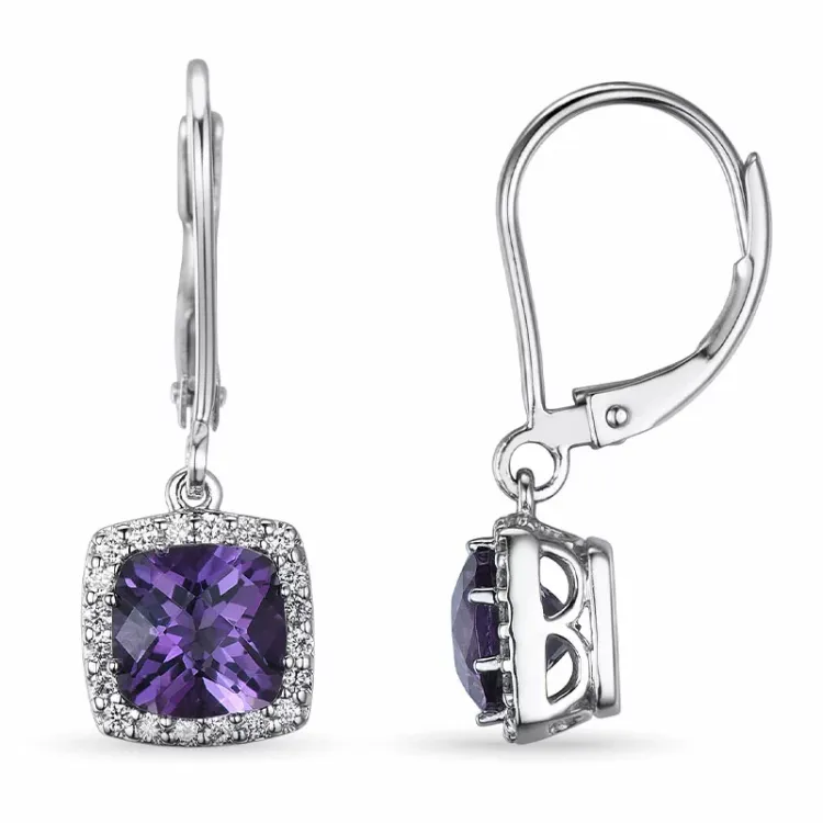 lange vierkant paarse amethist oorbellen in 14 karaat witgoud met diamant en amethist 