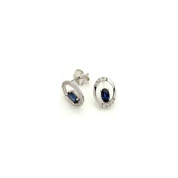 ovaal saffier oorsteker in 14 karaat witgoud met diamant en saffier 