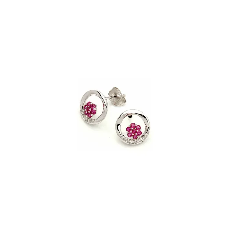 rond bloem robijn oorsteker in 14 karaat witgoud met diamant en robijn