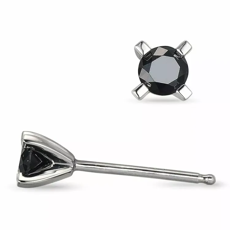 zwart diamant solitaire oorbel in 14 karaat witgoud met zwart diamant