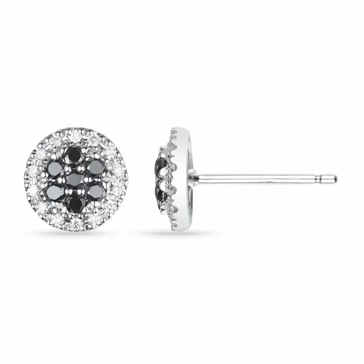 rond diamant oorsteker in 14 karaat witgoud met diamant en zwart diamant