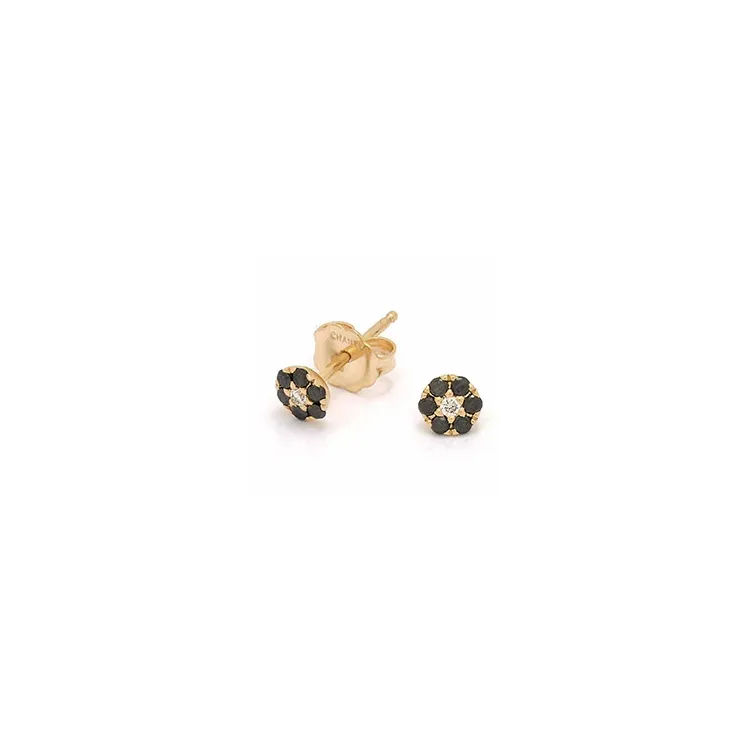 rond zwart diamant oorsteker in 14 karaat goud met diamant en diamant