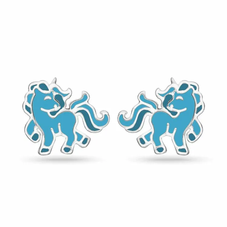 Støvring Design eenhoorn oorbellen in zilver blauwe emaille