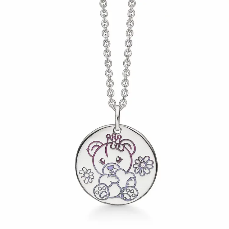 Støvring Design teddybeer ketting met hanger in zilver roze emaille