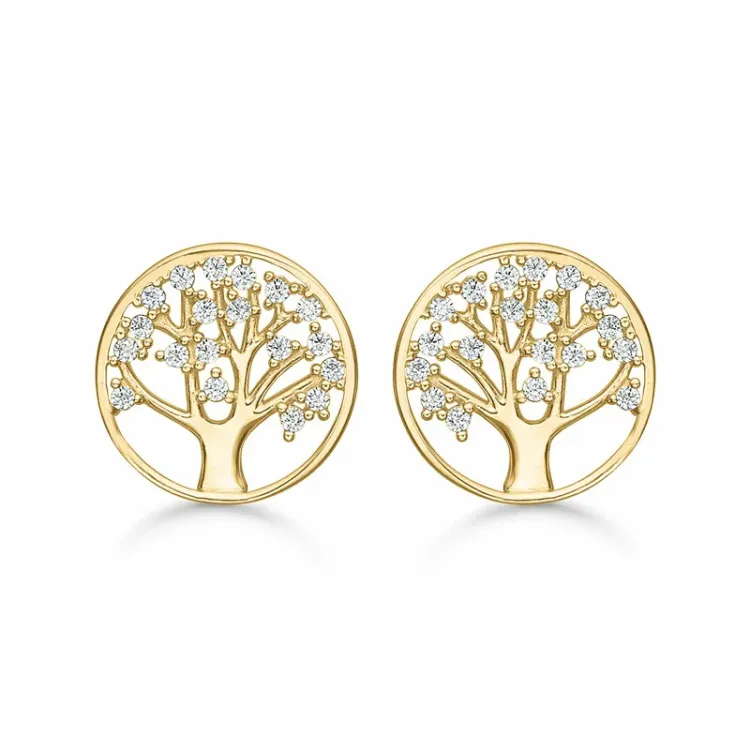 11 mm Støvring Design boom van het leven oorbellen in 14 karaat goud witte zirkoon