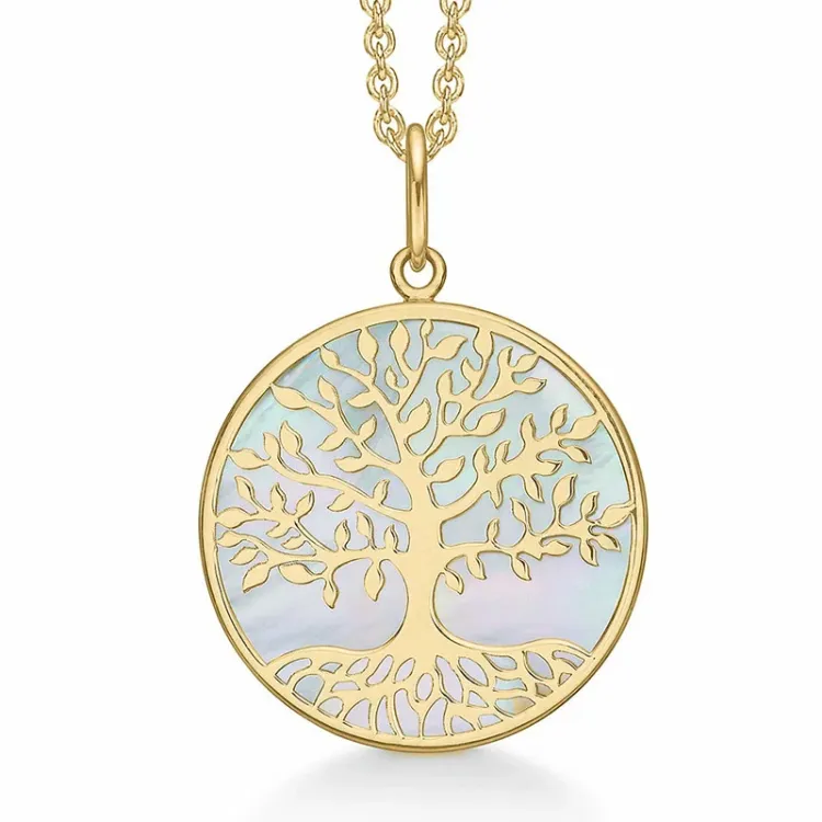 20,5 mm Støvring Design boom van het leven ketting met hanger in 8 karaat goud met vergulde zilveren ketting