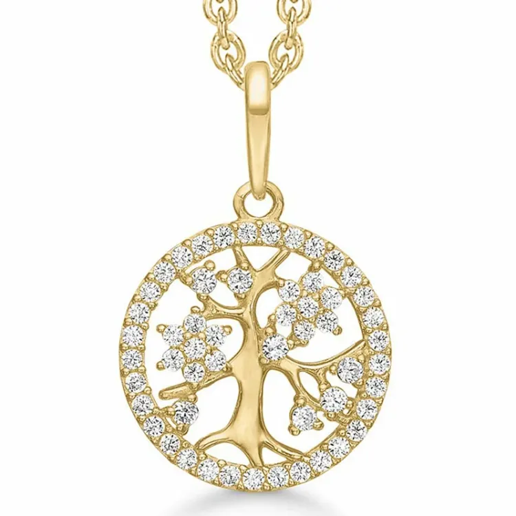 Støvring Design boom van het leven ketting met hanger in 8 karaat goud met vergulde zilveren ketting witte zirkoon