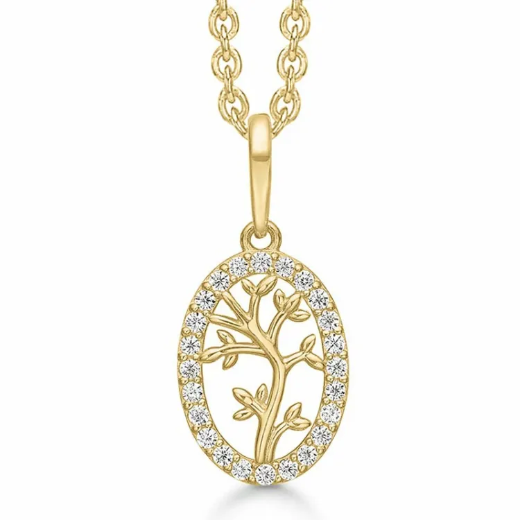 Støvring Design boom van het leven ketting met hanger in 8 karaat goud met vergulde zilveren ketting witte zirkoon