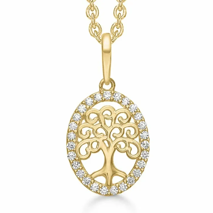 Støvring Design boom van het leven zirkoon ketting met hanger in 8 karaat goud met vergulde zilveren ketting witte zirkoon