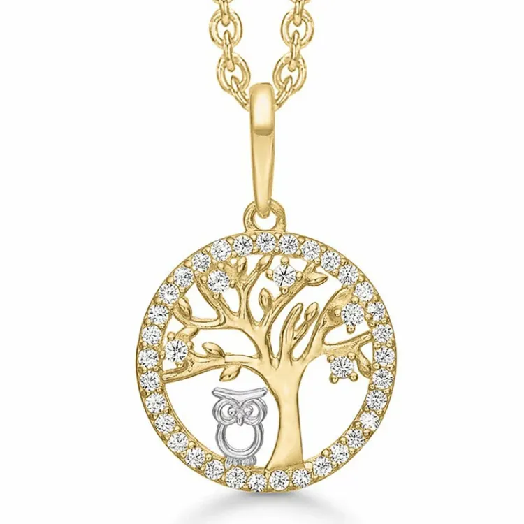 11 mm Støvring Design boom van het leven ketting met hanger in 8 karaat goud witte zirkoon
