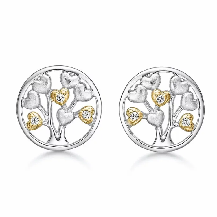 12 mm Støvring Design boom van het leven zirkoon oorbellen in verguld sterlingzilver met gerodineerd zilver witte zirkoon