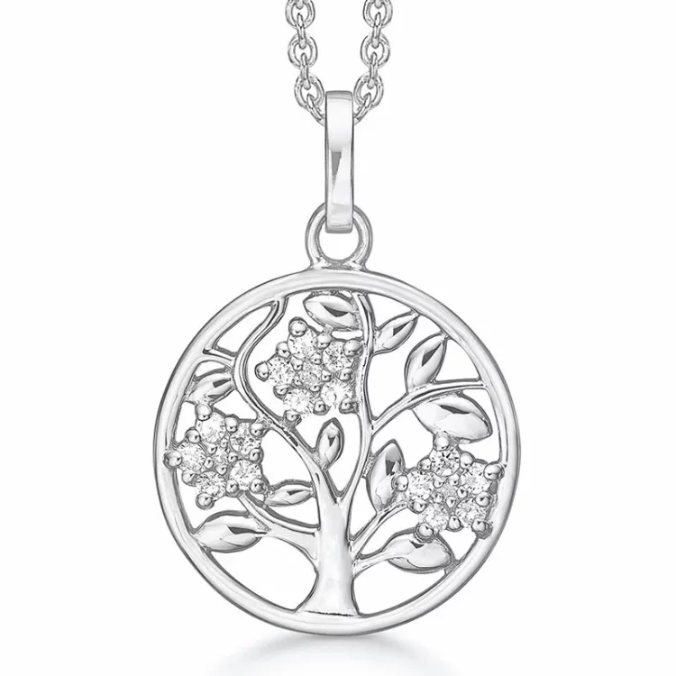 18 mm Støvring Design boom van het leven ketting met hanger in gerodineerd zilver witte zirkoon