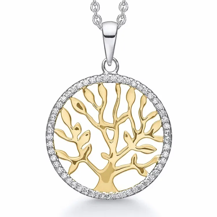 20 mm Støvring Design boom van het leven zirkoon ketting met hanger in verguld sterlingzilver met zilver witte zirkoon