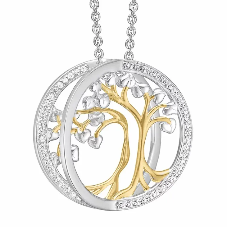 Støvring Design boom van het leven zirkoon ketting met hanger in gerodineerd zilver met verguld sterlingzilver witte zirkoon