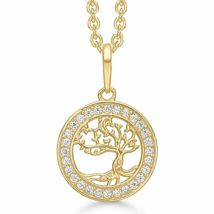 12 mm Støvring Design boom van het leven zirkoon hanger met ketting in 8 karaat goud met vergulde zilveren ketting witte zirkoon