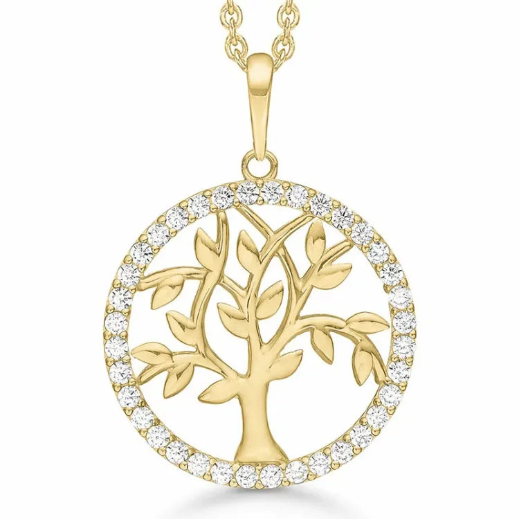20 mm Støvring Design boom van het leven zirkoon hanger met ketting in 8 karaat goud met vergulde zilveren ketting witte zirkoon