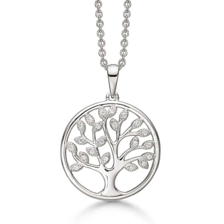 Støvring Design boom van het leven ketting met hanger in gerodineerd zilver witte zirkoon