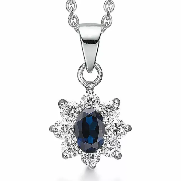 elegant Støvring Design ketting met hanger in zilver witte zirkoon blauwe syntetische saffier