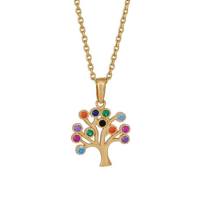 Siersbøl boom van het leven hanger met ketting in 8 karaat goud met vergulde zilveren ketting veelkleurig zirkoon