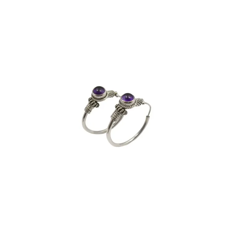 rond amethist oorbellen in geoxideerd sterlingzilver