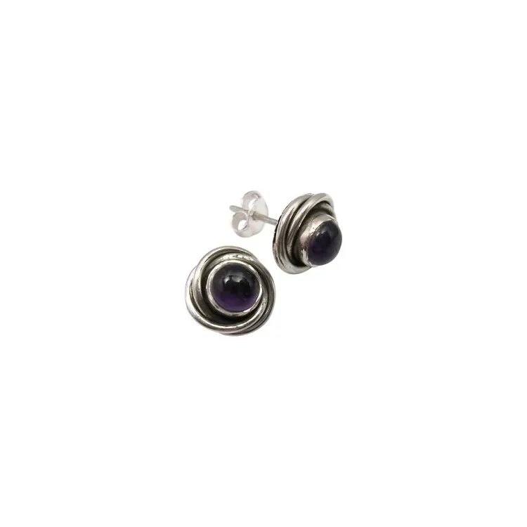 Rond amethist oorsteker in geoxideerd sterlingzilver