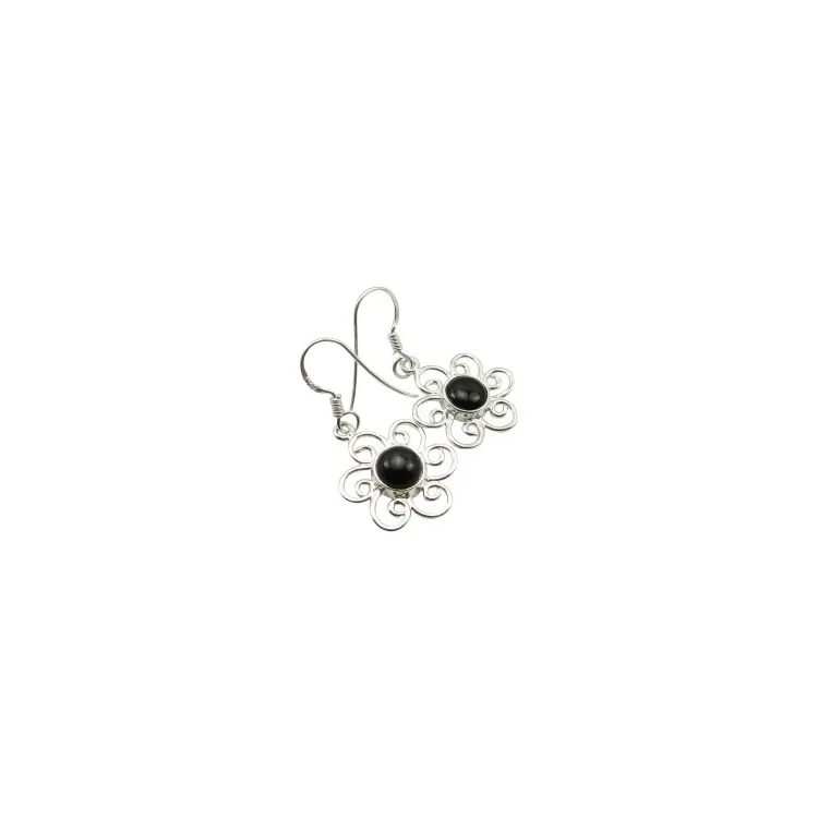 Bloem onyx oorbellen in zilver