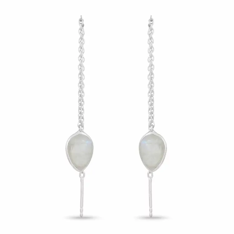 lange druppel maansteen oorbellen in zilver - Loom Stones