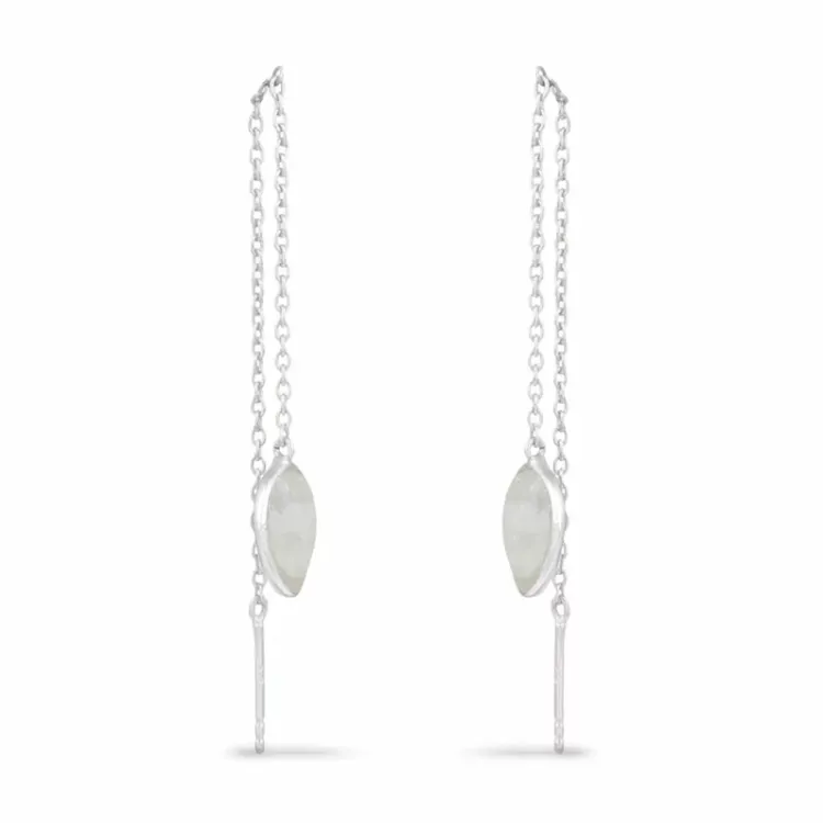 lange druppel maansteen oorbellen in zilver - Loom Stones