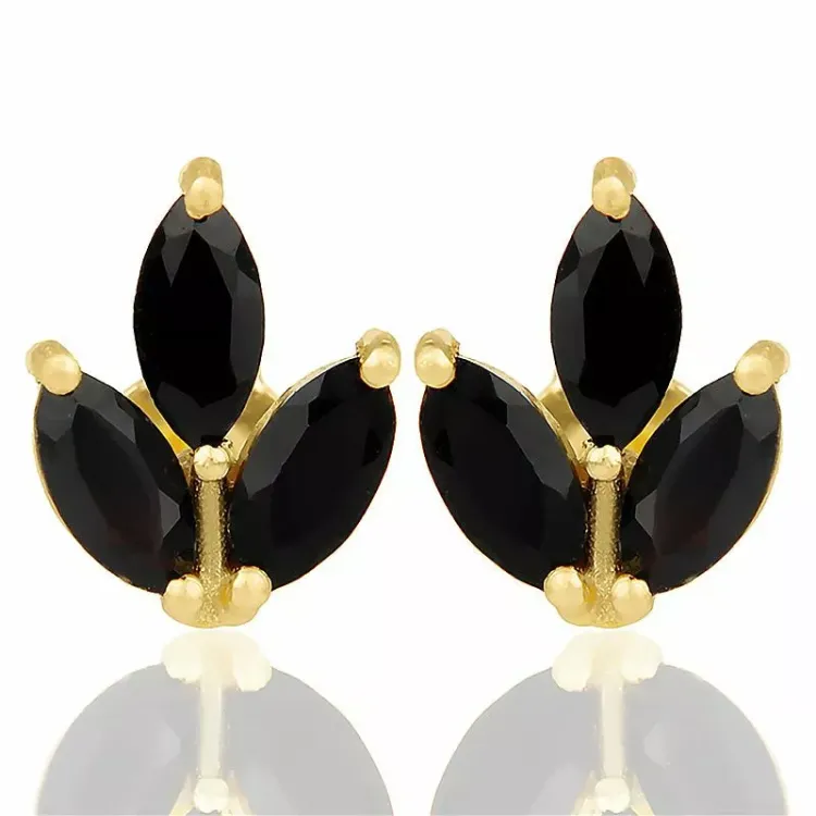 Bloem onyx oorbellen in verguld sterlingzilver