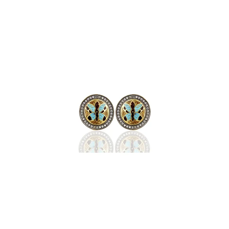 Rond vlinder oorsteker in verguld sterlingzilver met geoxideerd sterlingzilver