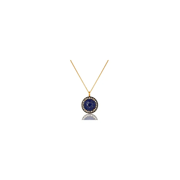 Rond blauwe ketting in verguld sterlingzilver met hanger in geoxideerd sterlingzilver