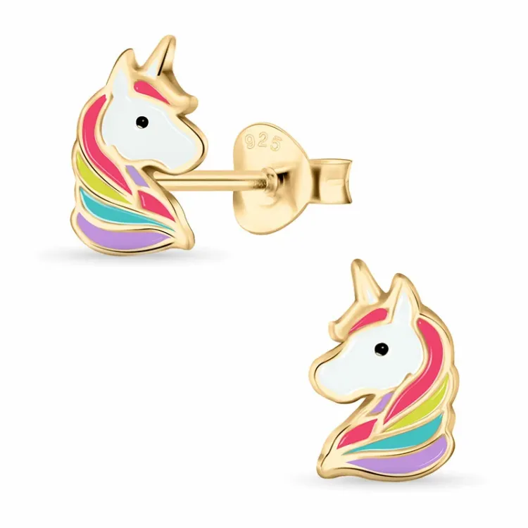 eenhoorn kinder oorbellen in zilver met een roze coating