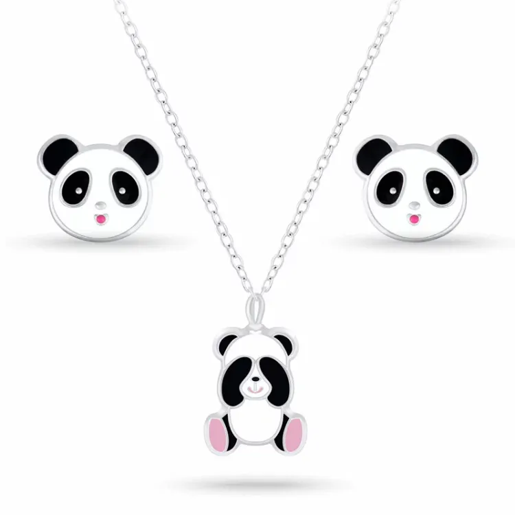 panda set met oorbellen en ketting in zilver witte emaille zwart emaille pink emaille - Little Ones