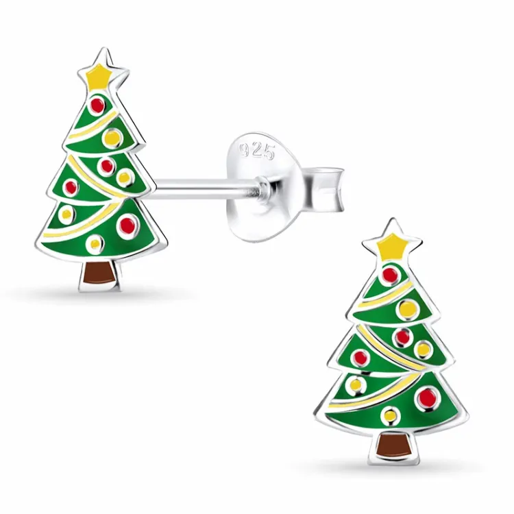 kerstboom emaille kinder oorbellen in zilver - Little Ones
