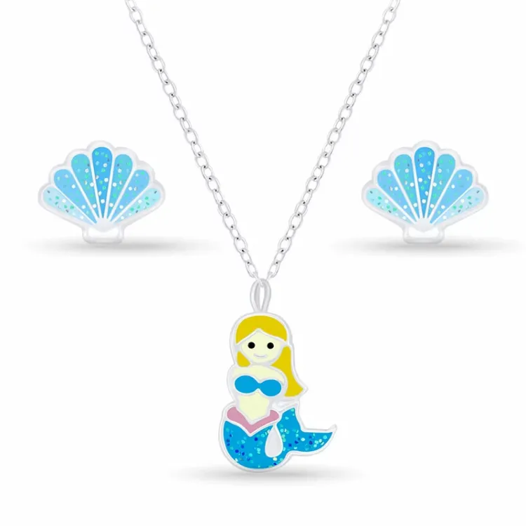 zeemeermin set met oorbellen en ketting in zilver blauwe emaille witte emaille zwart emaille geel emaille pink emaille - Little Ones