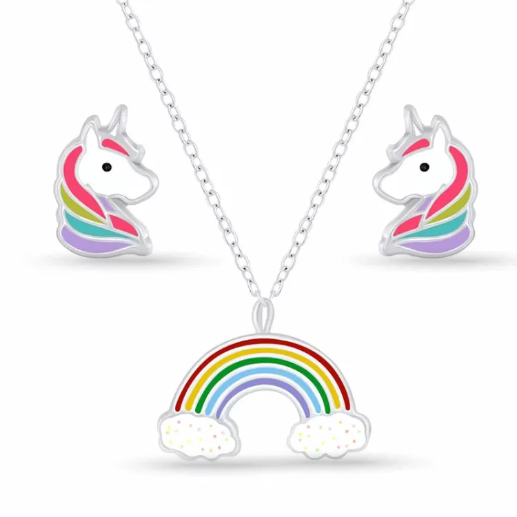 eenhoorn set met oorbellen en ketting in zilver veelkleurig emaille - Little Ones