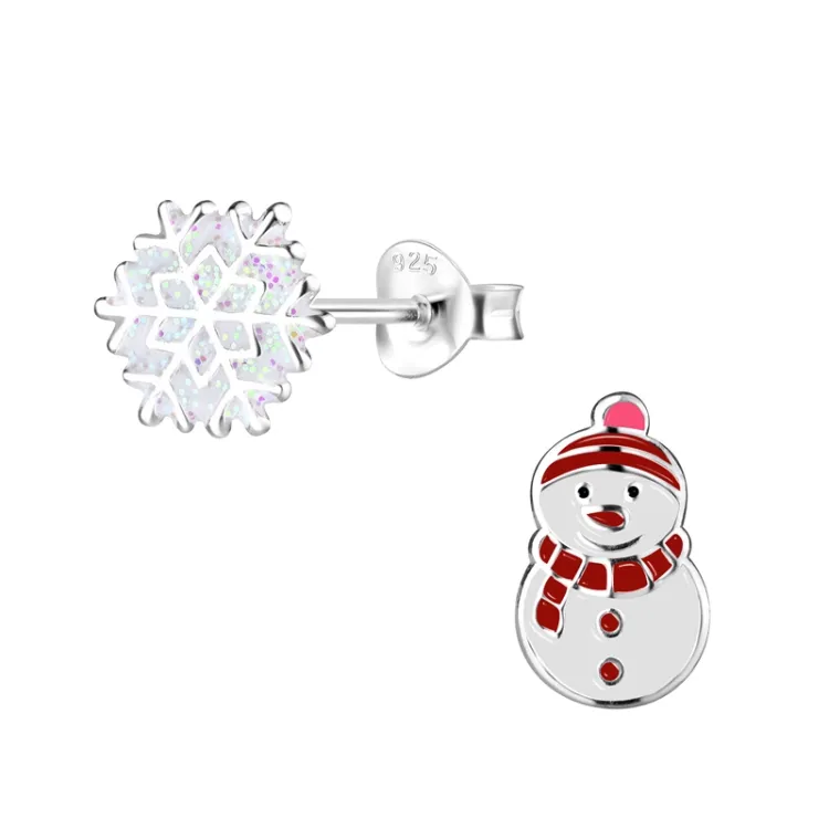 sneeuwpop emaille kinder oorbellen in zilver - Little Ones