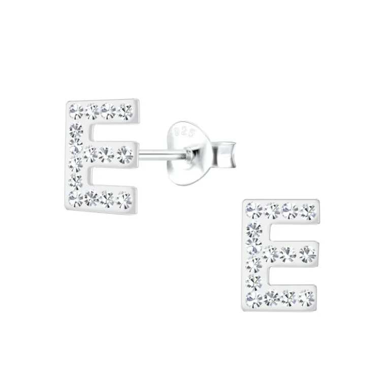 letter e kristal oorbellen in zilver - My Letter