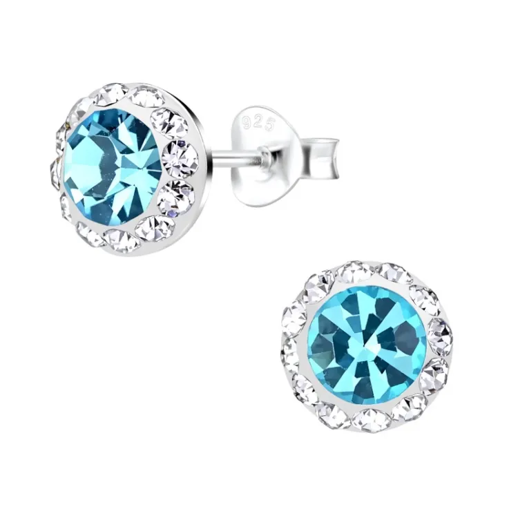 9 mm blauwe kristal oorsteker in zilver - Little Ones