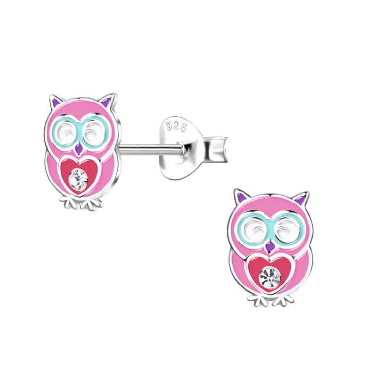 uil pink kinder oorbellen in zilver - Little Ones